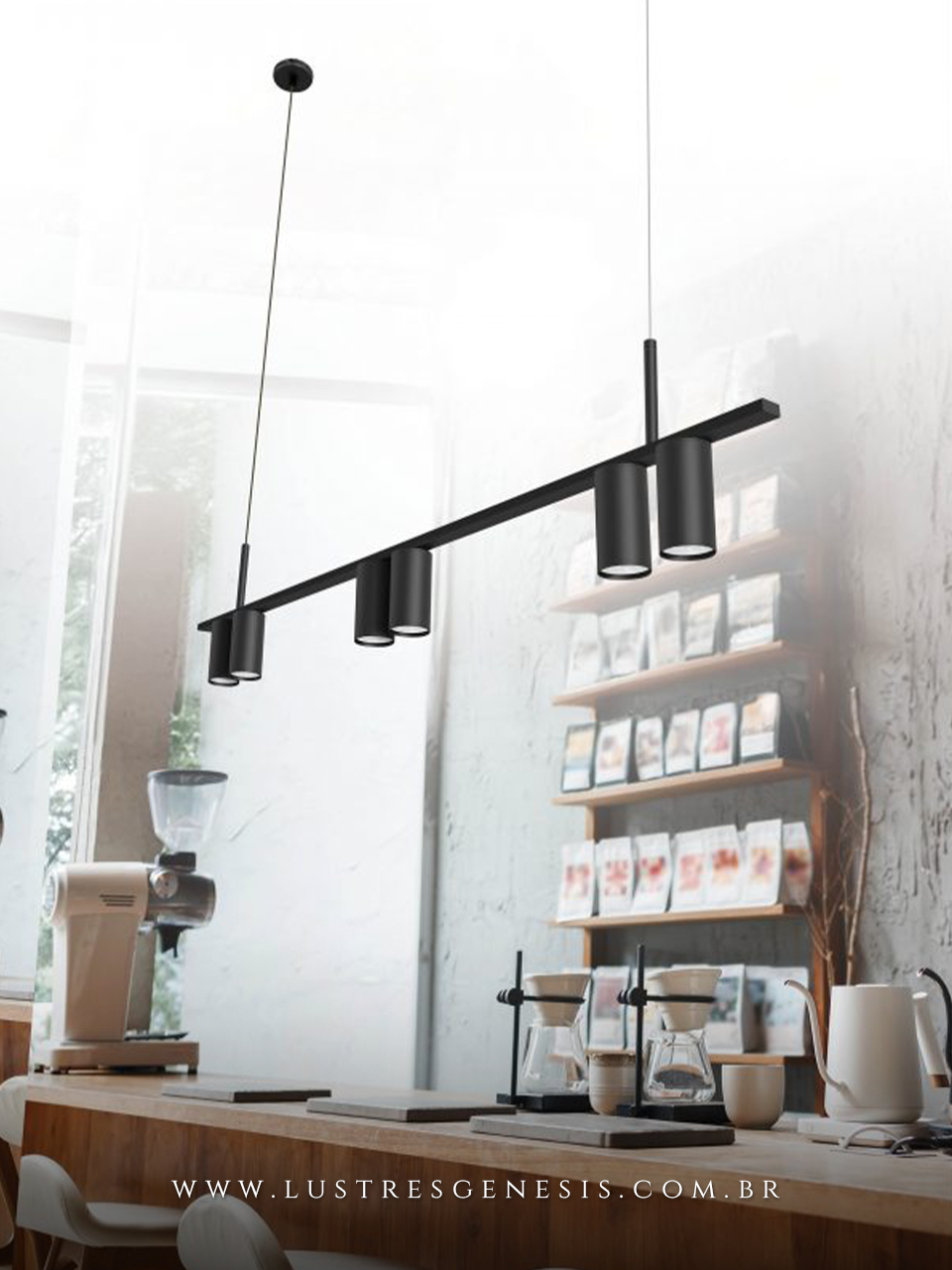 Lustre Pendente Retangular Tubus B7 Preto Minimalista para Balcão de Cozinha, Bancada Area Gourmet, Sala de Jantar e Suite Master